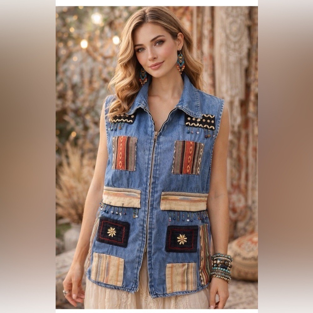CST Blues Denim Vest Women XL Blue Excellent Boho Patchwork Beaded Embroidered